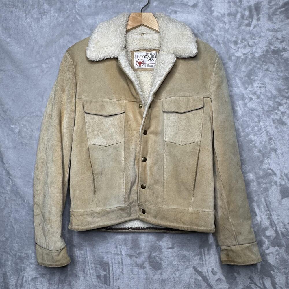 Vintage The Leather Shop Jacket Mens 38 Beige Suede Sherpa Lined Western Bomber